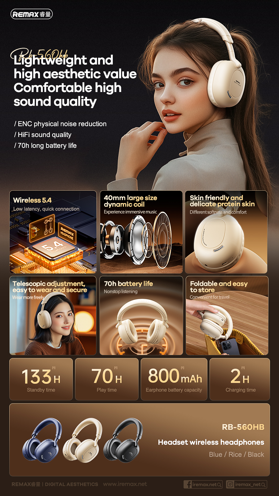 Remax RB-560HD Wireless Headset – Where Style Meets Superior Sound - Color Beige