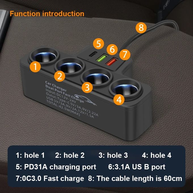 Car Charger USB C, Multiport USB C Charger Adapter with 30W QC 3.0 Port , 120W High-Speed Car Charging Station & Port Extender
