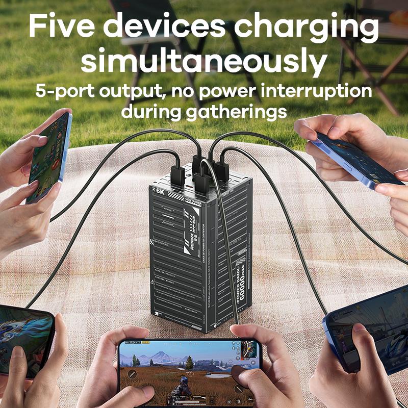 Remax RPP-609 Pro 60,000mAh Fast-Charging Power Bank with LED Light – 22.5W + 20W | 6 Ports Ultra Power, Built for the Tough, Space Gray Color Edition