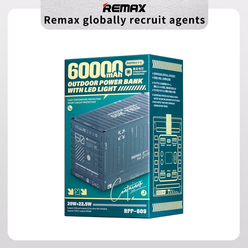 Remax RPP-609 Pro 60,000mAh Fast-Charging Power Bank with LED Light – 22.5W + 20W | 6 Ports Ultra Power, Built for the Tough, Space Gray Color Edition